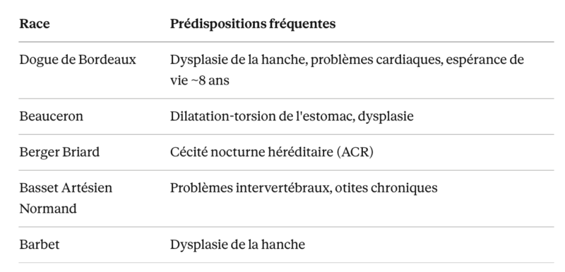 tableau récapitulatif des prédispositions génétiques des 8 races de chiens français les plus populaires