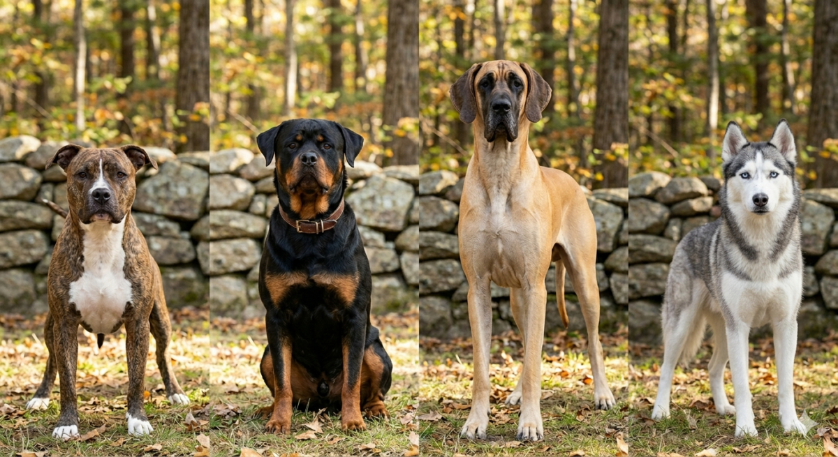 Illustration des 4 chiens les plus dangereux du monde : Ptibull, Rottweiler, Dogue allemand, Husky sibérien