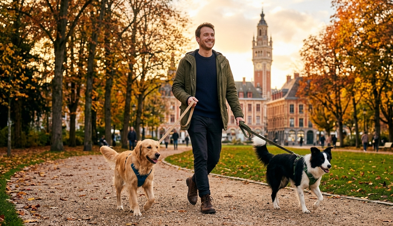 Petsitter Lille promenant deux chiens dans un parc