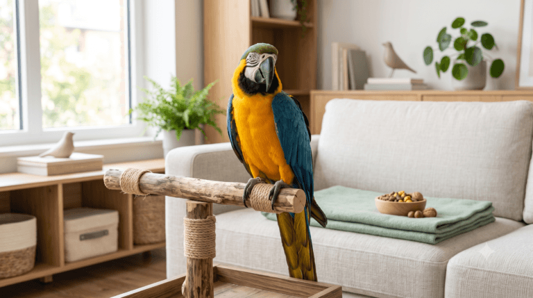 Acheter un perroquet : un Perroquet Gris du Gabon posé sur sa branche dans un intérieur lumineux