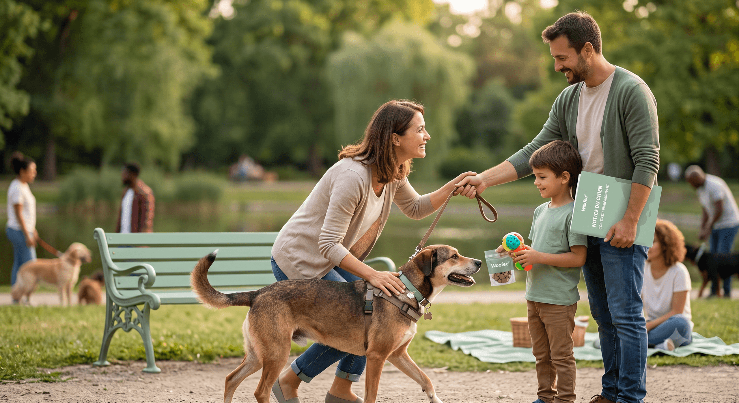 Une nouvelle famille accueillant avec bienveillance un chien en laisse dans un parc verdoyant lors d'un passage de relais apaisé