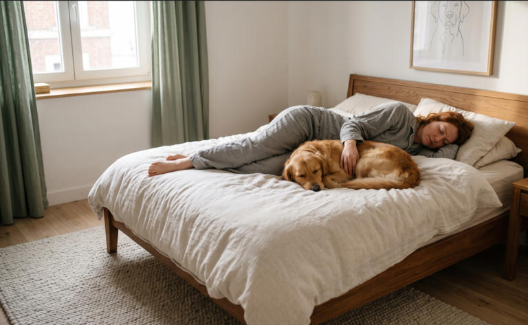 Une femme dort paisiblement dans son lit aux côtés de son chien golden retriever