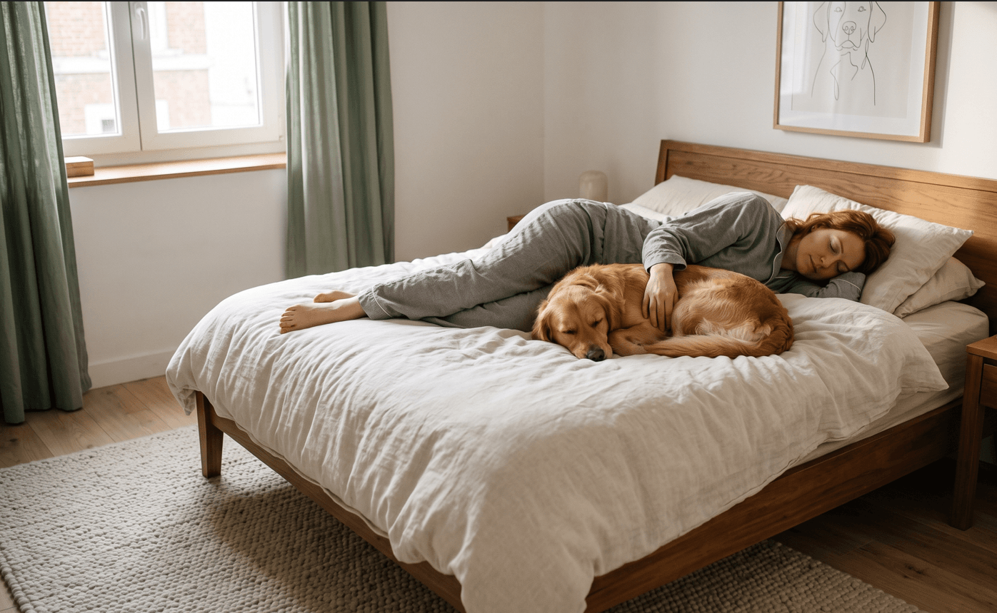 Une femme dort paisiblement dans son lit aux côtés de son chien golden retriever