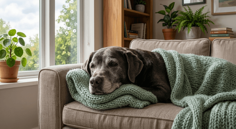 Chien senior reposant sereinement sur un plaid vert sauge illustrant l'accompagnement en fin de vie et l'euthanasie du chien