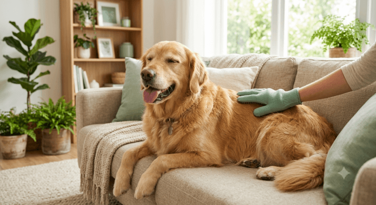 Chien au pelage brillant et sain se faisant brosser délicatement par une main portant un gant de toilettage vert sauge dans un salon lumineux