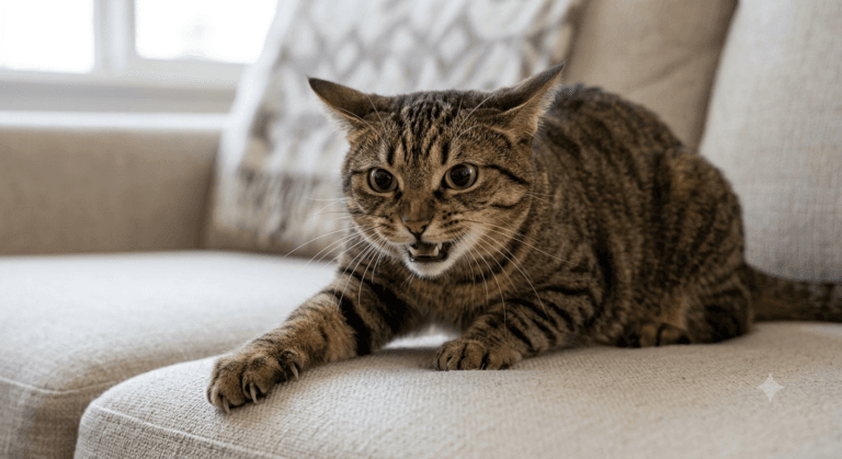 Chat tabby avec pupilles dilatées et oreilles en arrière sur un canapé illustrant le syndrome du tigre chez le félin