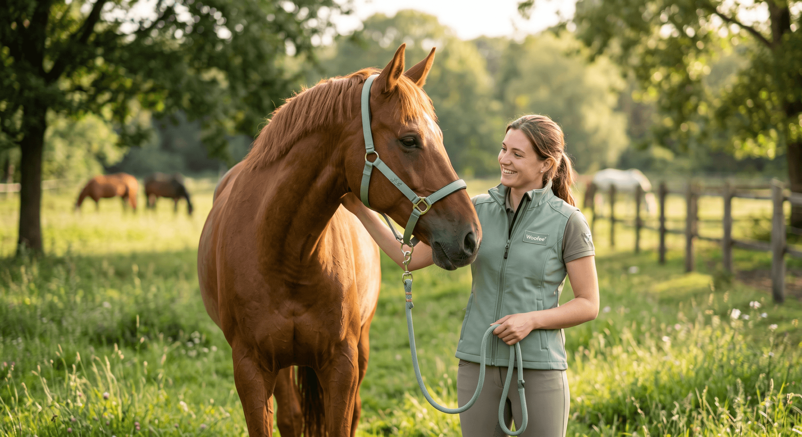 Un cavalier complice avec sa nouvelle monture dans un pré verdoyant lors du processus pour acheter un cheval.