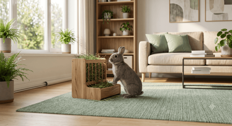 Un lapin domestique épanoui évoluant en liberté dans un salon lumineux décoré avec des touches vert sauge.