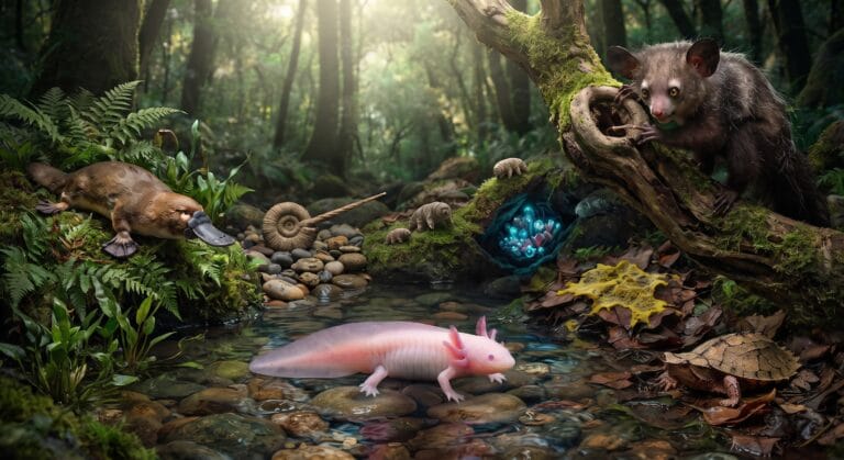 Un axolotl dans son habitat aquatique pour illustrer l'animal insolite et ses capacités de régénération.
