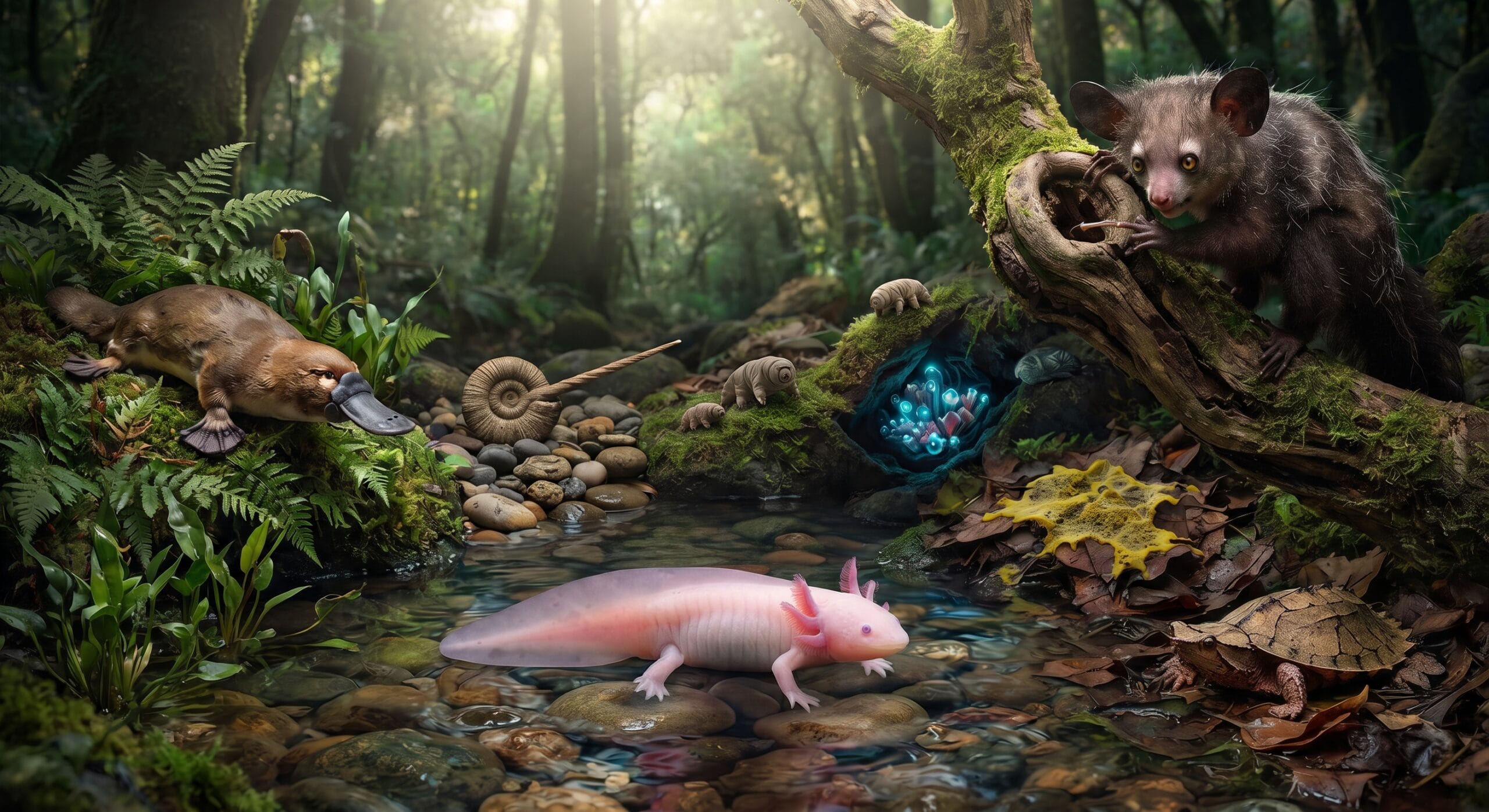 Un axolotl dans son habitat aquatique pour illustrer l'animal insolite et ses capacités de régénération.