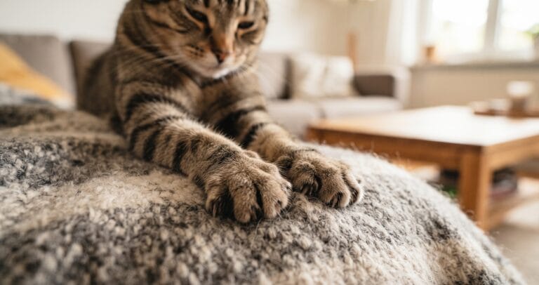 Un chat qui pétrit une couverture avec ses pattes avant en signe d'apaisement.
