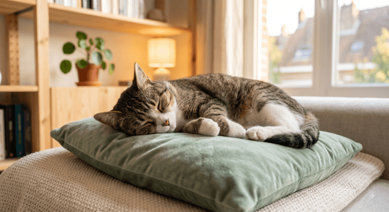 Un chat paisiblement endormi sur un coussin vert sauge émettant de légers ronflements.