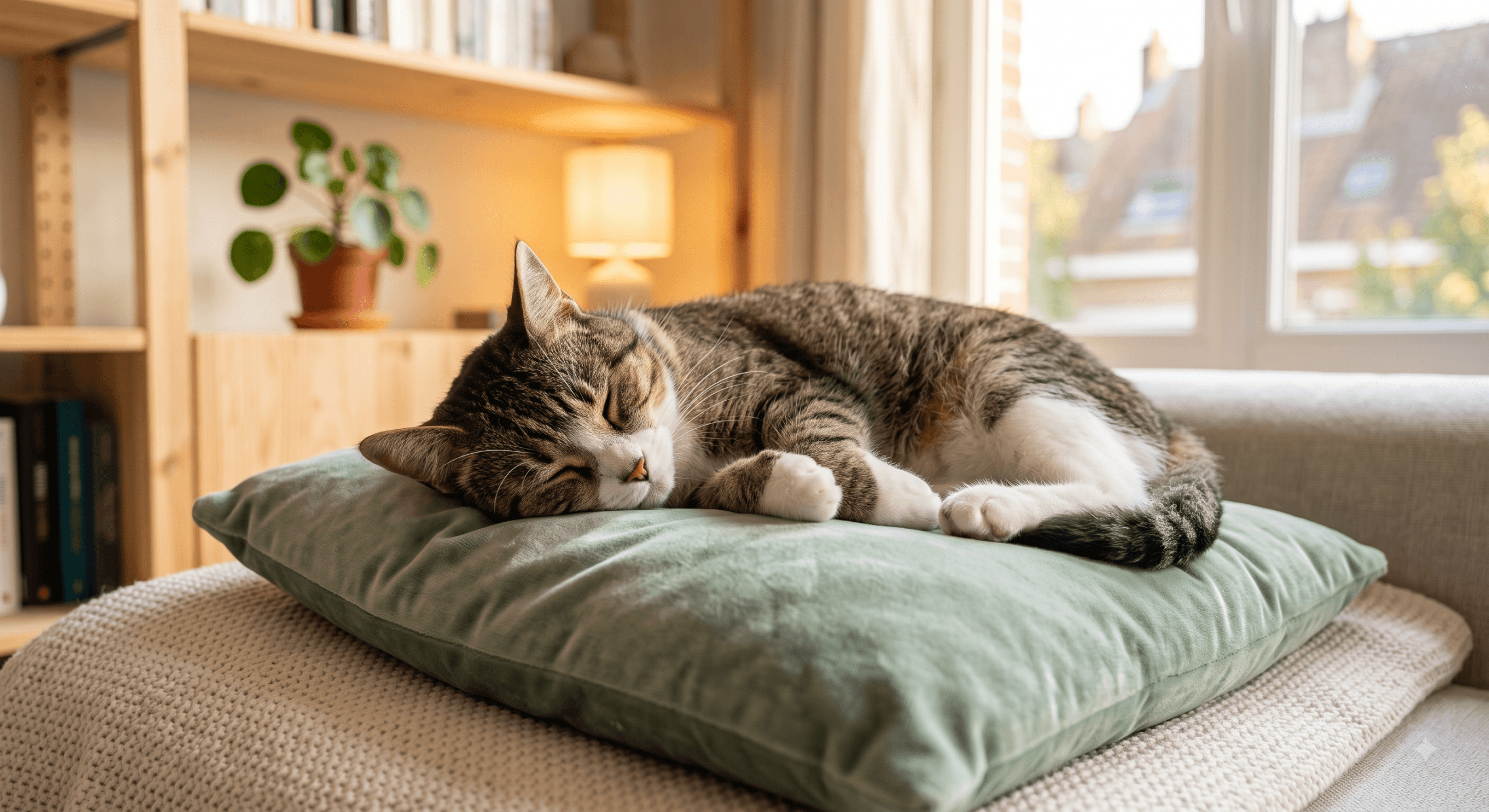 Un chat paisiblement endormi sur un coussin vert sauge émettant de légers ronflements.