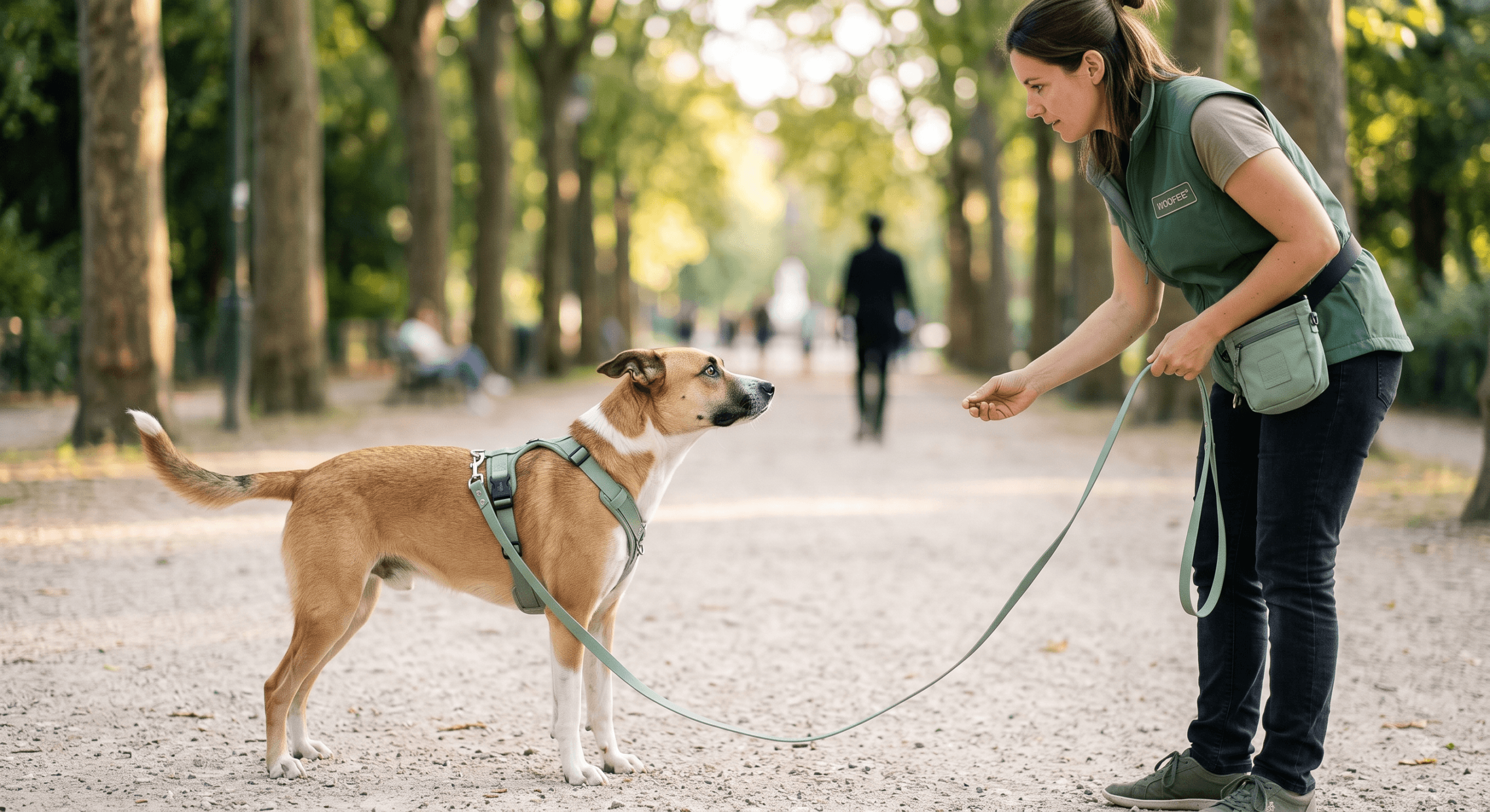 Un éducateur comportementaliste travaillant calmement la désensibilisation à distance avec un chien réactif portant un harnais vert sauge.