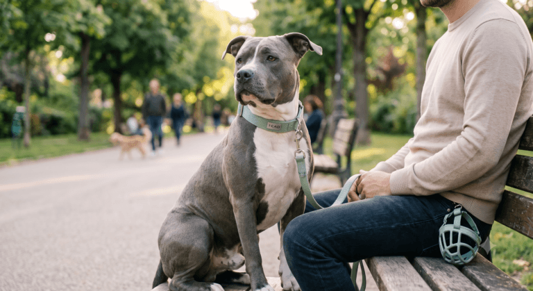 Un American Staffordshire Terrier calme et majestueux portant un collier vert sauge assis à côté de son maître dans un parc ensoleillé.