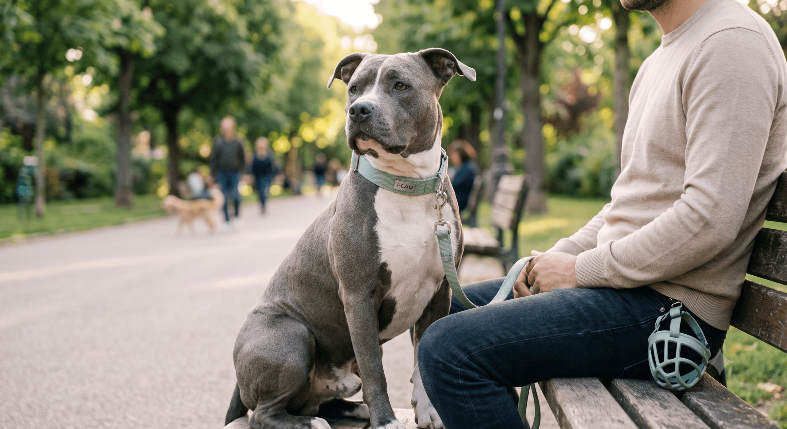 Un American Staffordshire Terrier calme et majestueux portant un collier vert sauge assis à côté de son maître dans un parc ensoleillé.