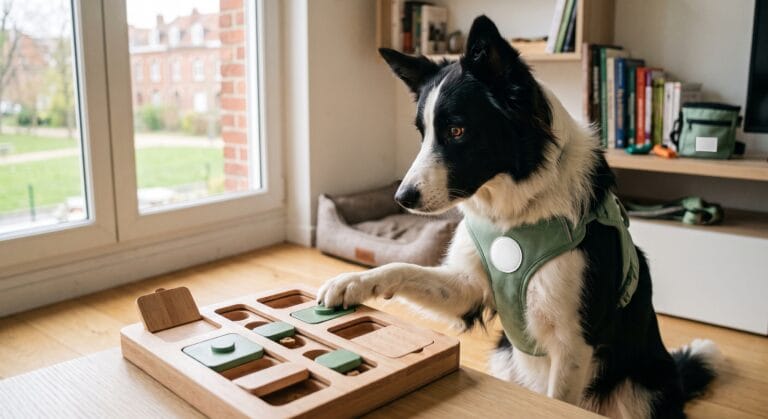 Un chien de travail intelligent concentré sur la résolution d'un puzzle interactif en bois dans un intérieur moderne.