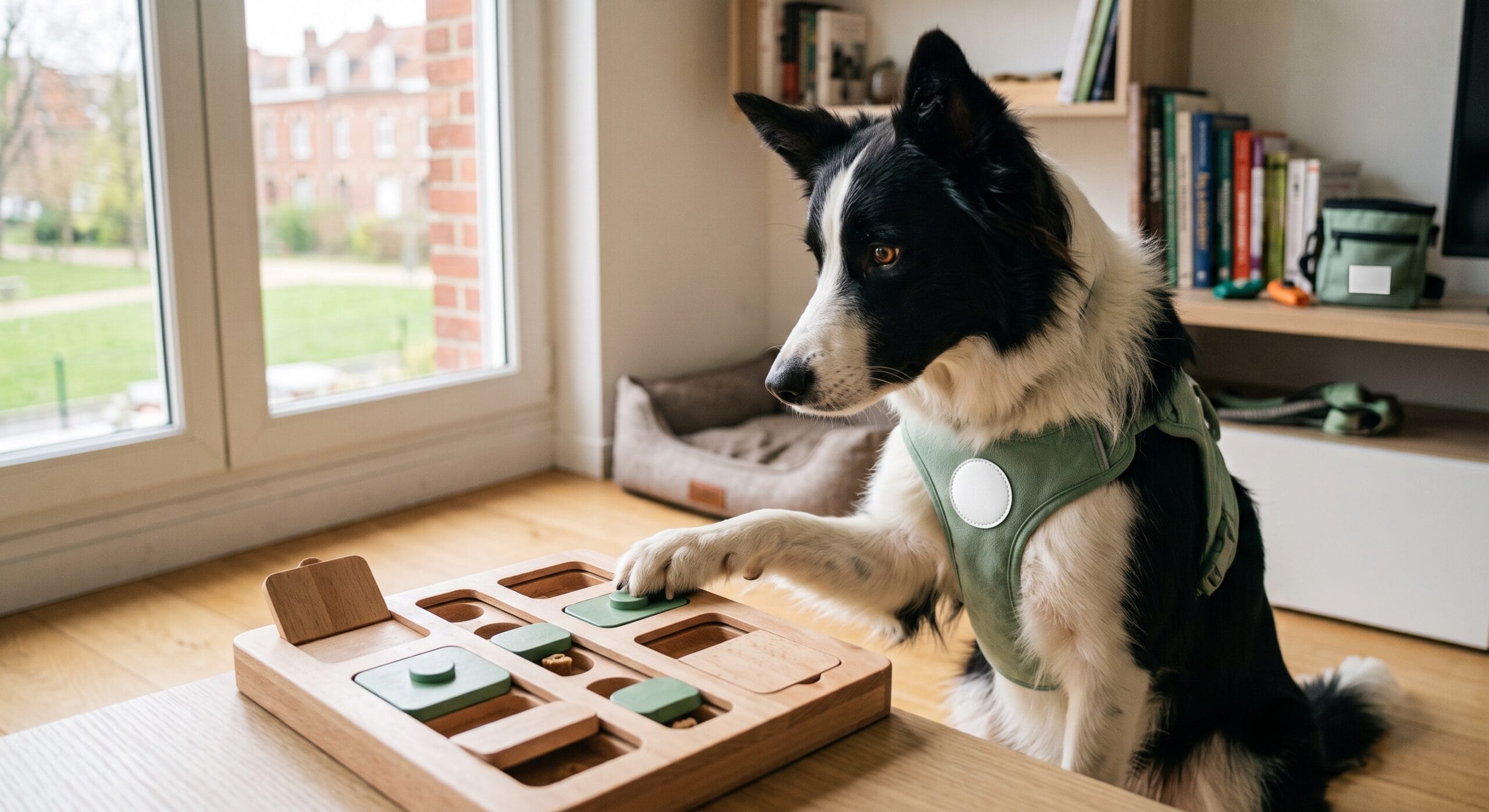 Un chien de travail intelligent concentré sur la résolution d'un puzzle interactif en bois dans un intérieur moderne.