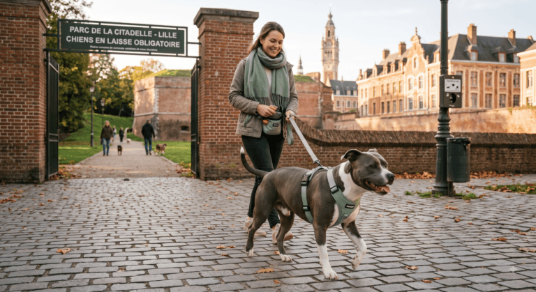 Un promeneur et son chien en laisse marchant sereinement dans le Vieux-Lille vers le parc de la Citadelle avec une touche vert sauge.