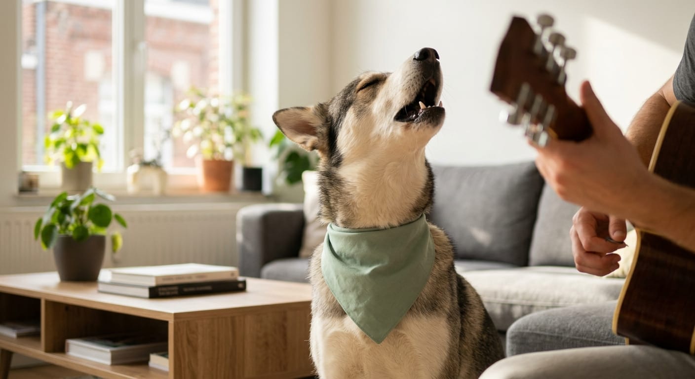 Un chien assis le museau en l'air en train de chanter et vocaliser harmonieusement à côté de son propriétaire musicien.