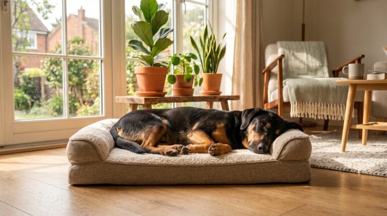 Un chien qui dort paisiblement sur un panier orthopédique confortable dans un salon lumineux.