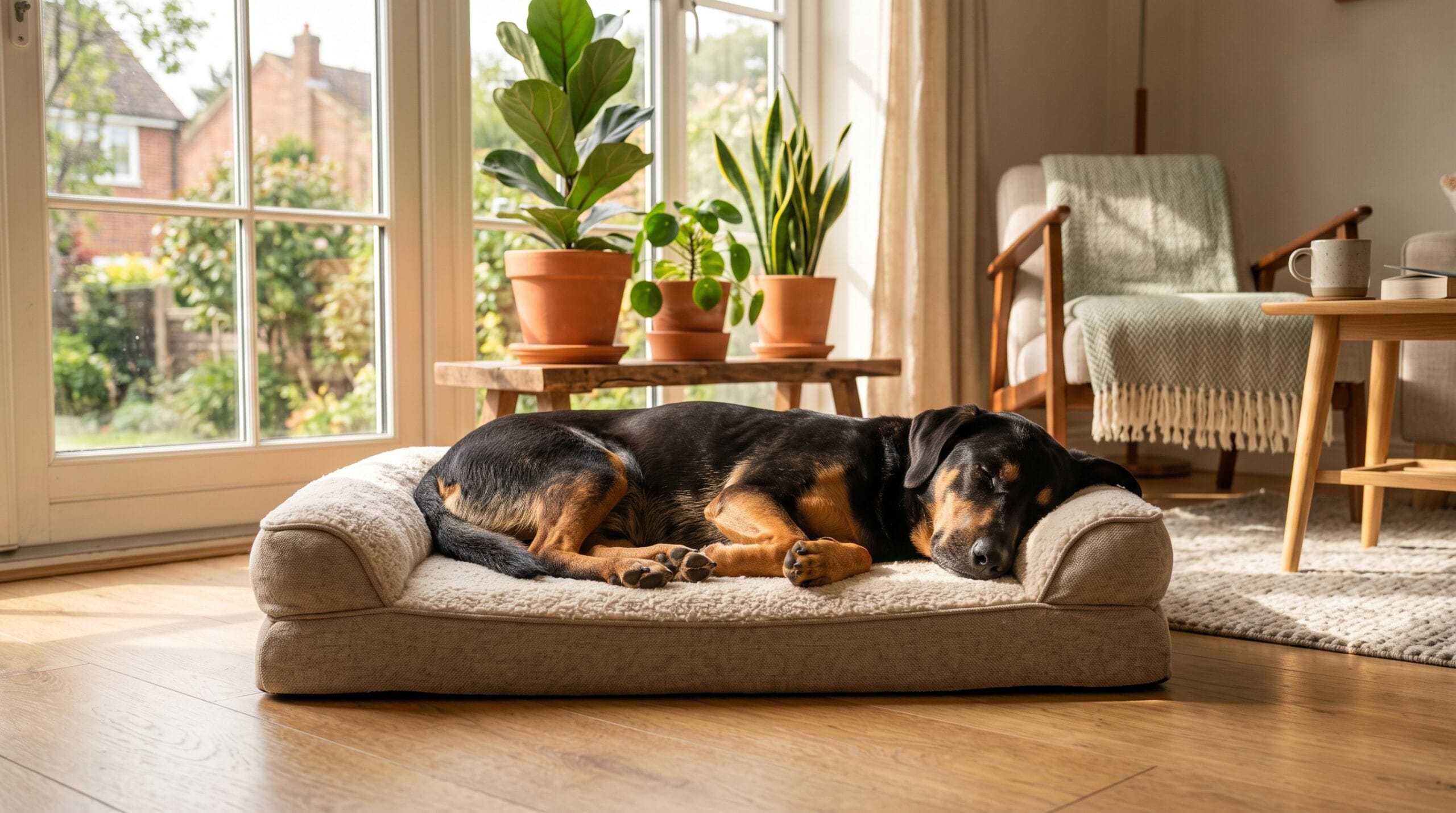 Un chien qui dort paisiblement sur un panier orthopédique confortable dans un salon lumineux.