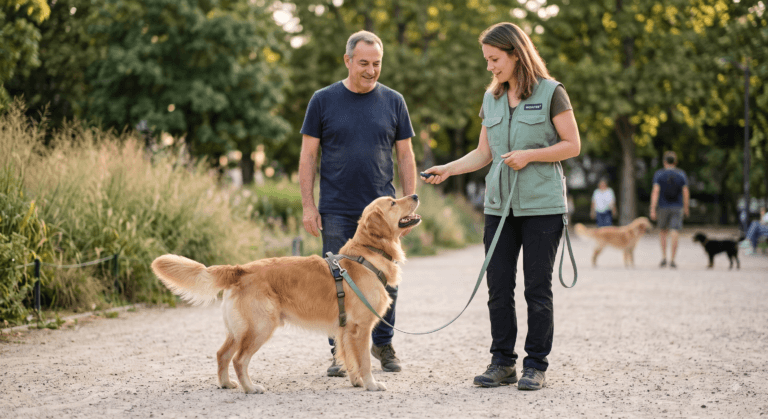 Un éducateur canin comportementaliste bienveillant travaillant la communication positive avec un chien et son maître dans un parc.