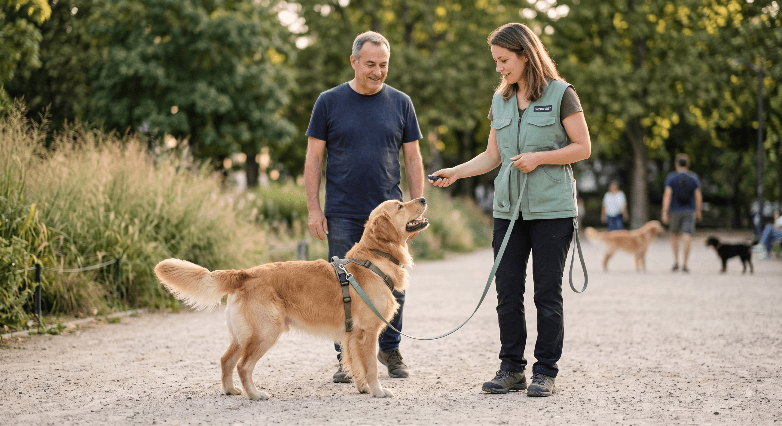Un éducateur canin comportementaliste bienveillant travaillant la communication positive avec un chien et son maître dans un parc.