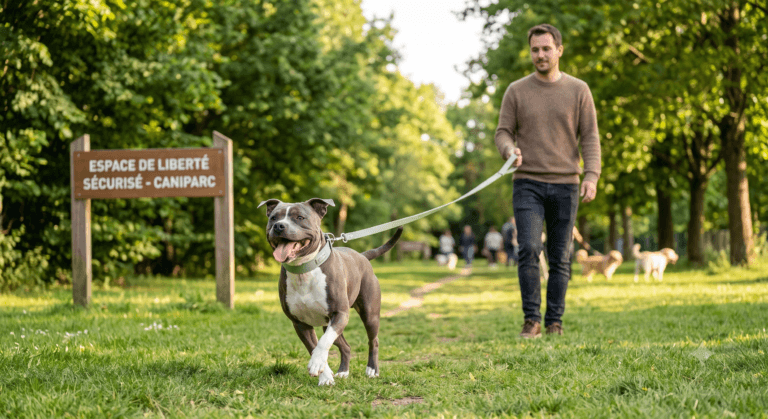 Un chien joyeux courant en liberté dans un parc chien nord bordé d'arbres avec des touches vert sauge.