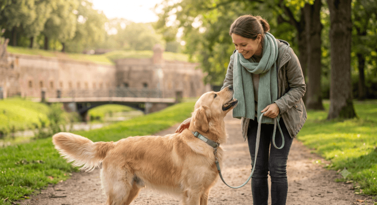 Un pet sitter attentionné se promenant avec un chien épanoui dans les allées verdoyantes du Parc de la Citadelle à Lille