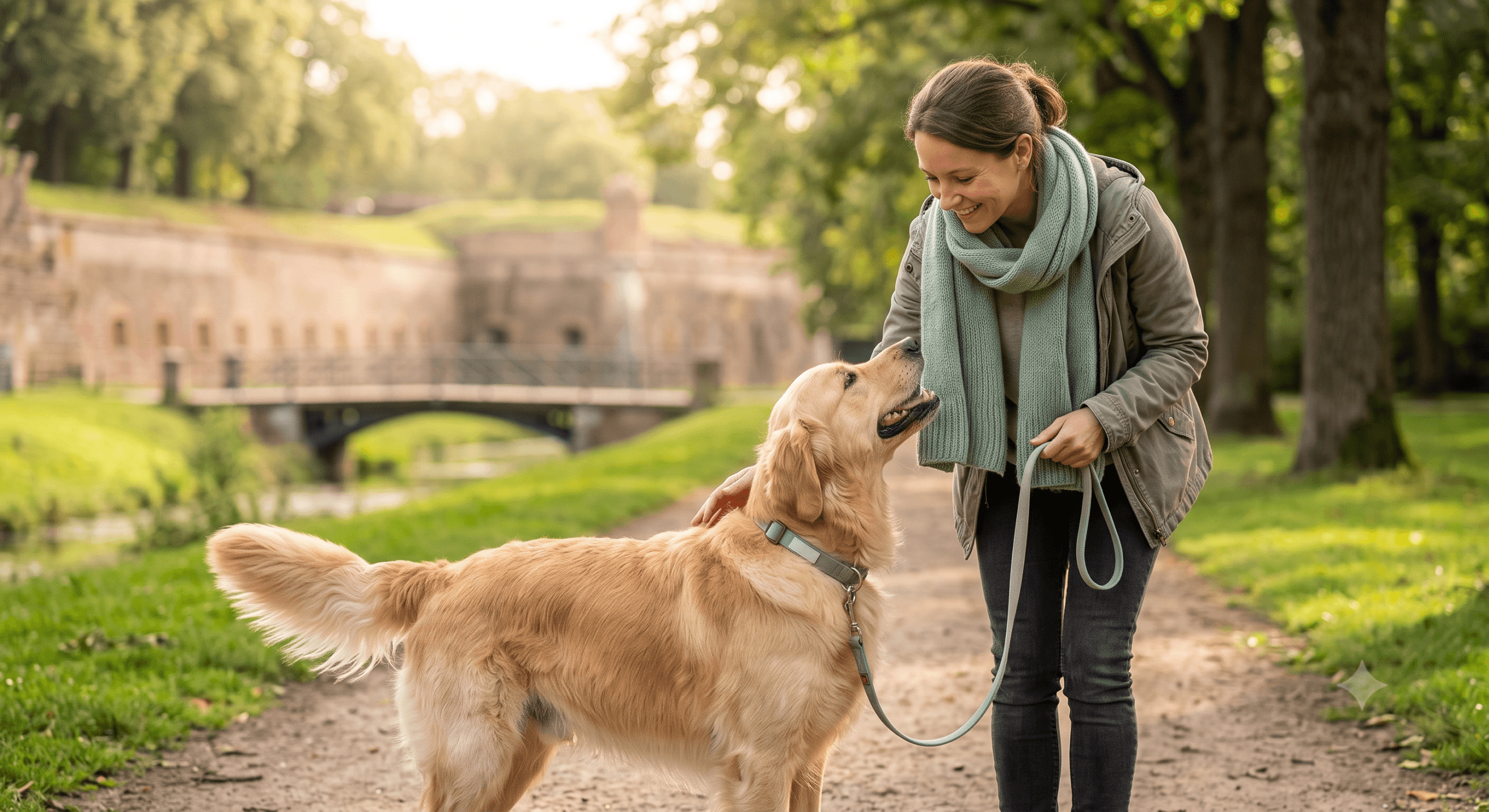 Un pet sitter attentionné se promenant avec un chien épanoui dans les allées verdoyantes du Parc de la Citadelle à Lille