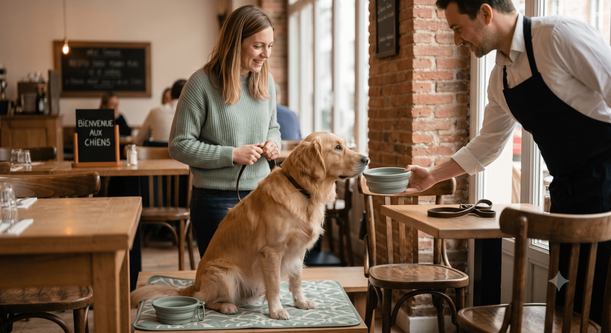 Un chien calme assis dans un restaurant dog friendly