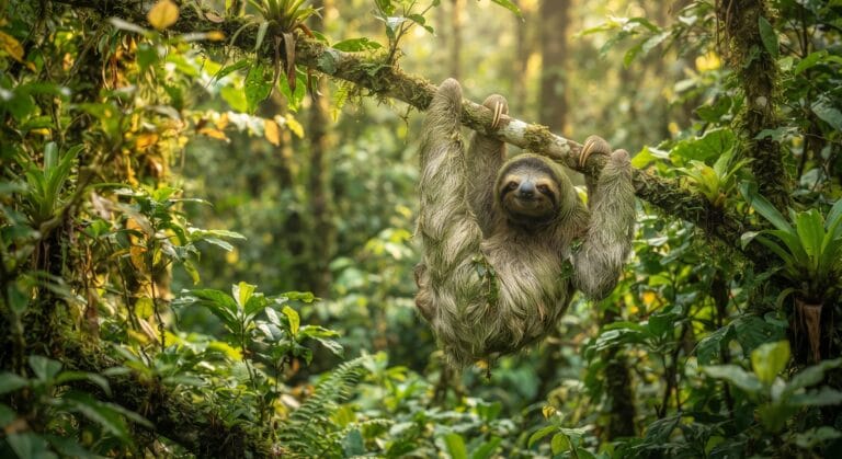 Un paresseux suspendu dans son habitat naturel pour illustrer l'article sur l'animal lent.