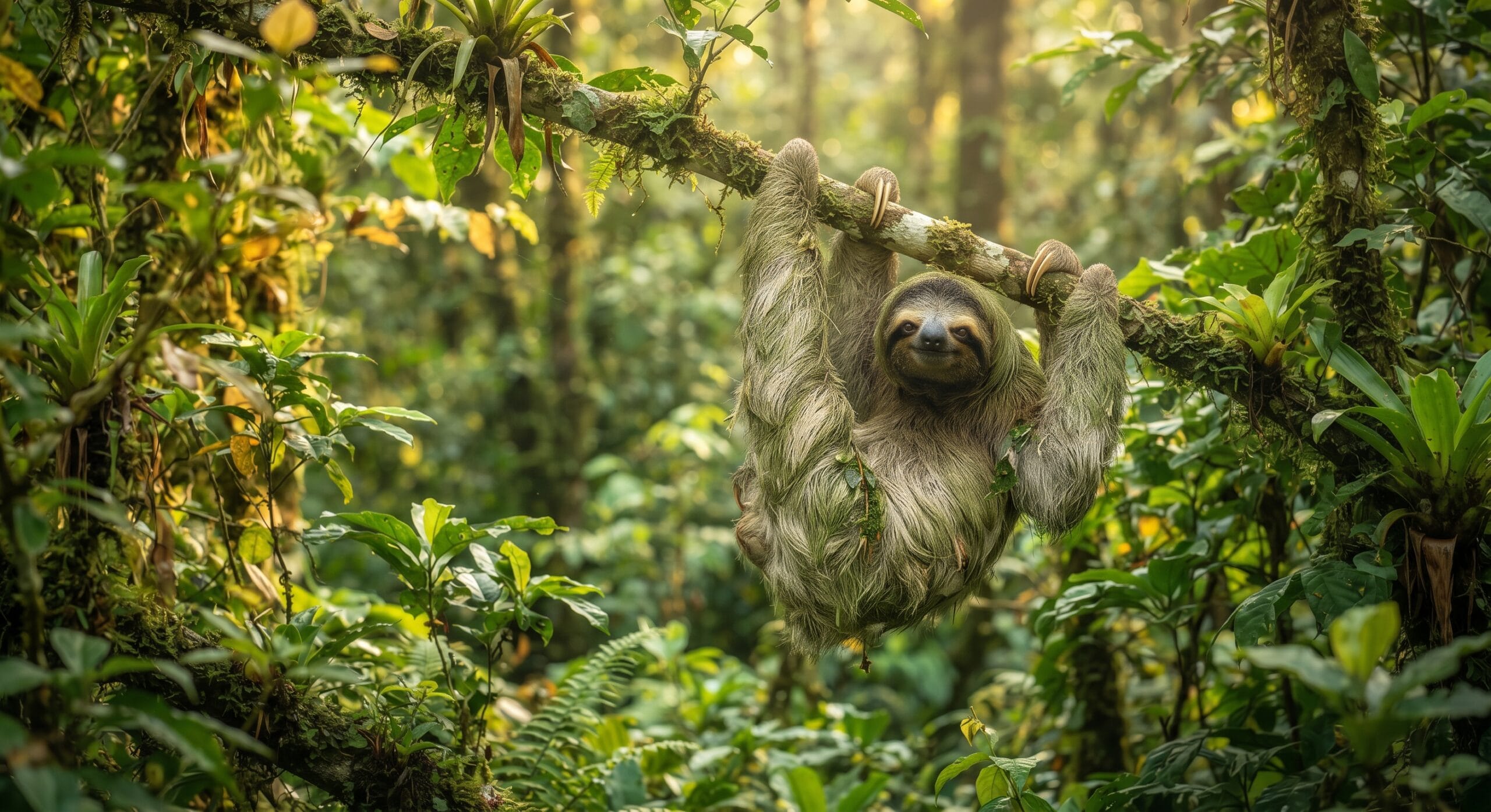 Un paresseux suspendu dans son habitat naturel pour illustrer l'article sur l'animal lent.