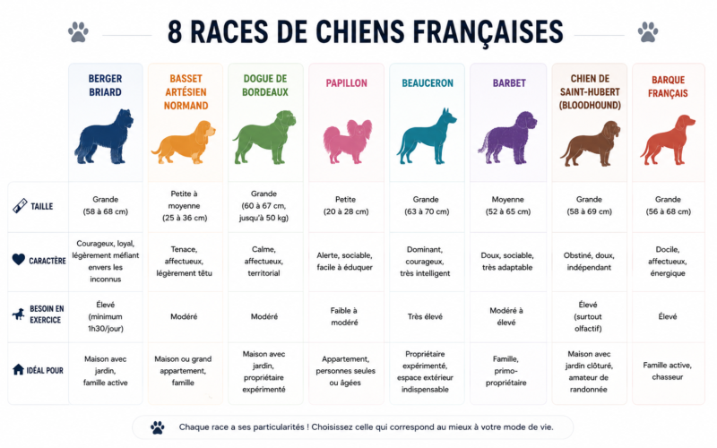 infographie comparant les 8 races de chiens français les plus populaires selon leur taille, leur caractère et leur niveau d’activité